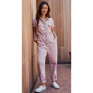 Outerknown Sea Jumpsuit Sunset Pink Button Linen Short Sleeve Coveralls Boho